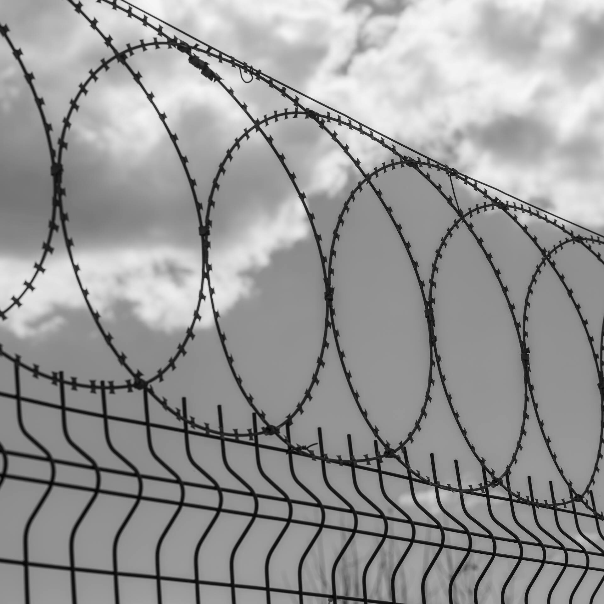 A black and white image of a barbed wire fence with a cloudy sky in the background symbolizes security and separation.