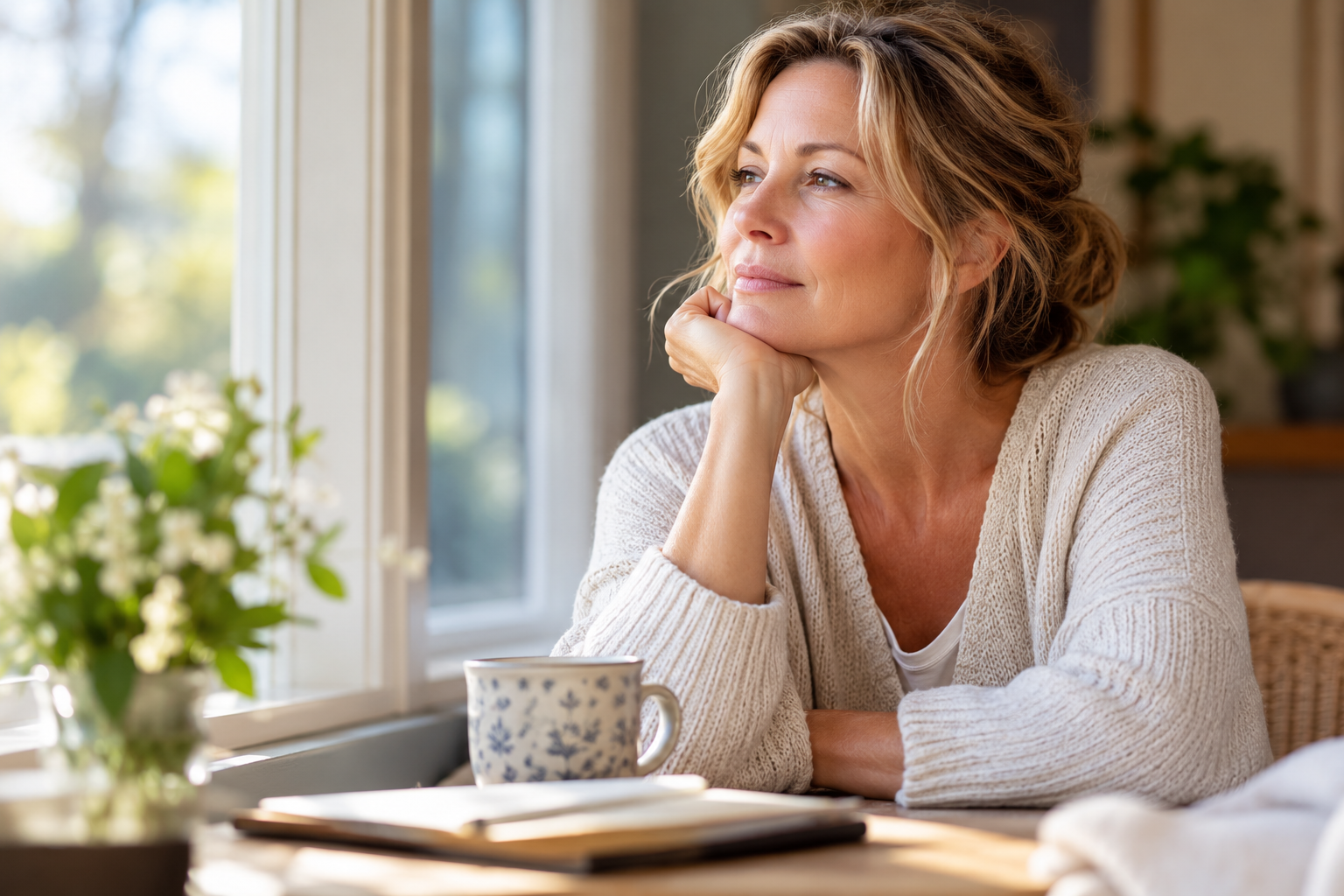 Woman sitting thoughtfully by a window in gentle natural light