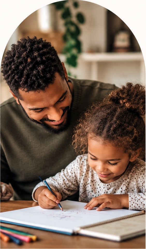 Father and young daughter drawing together at a table